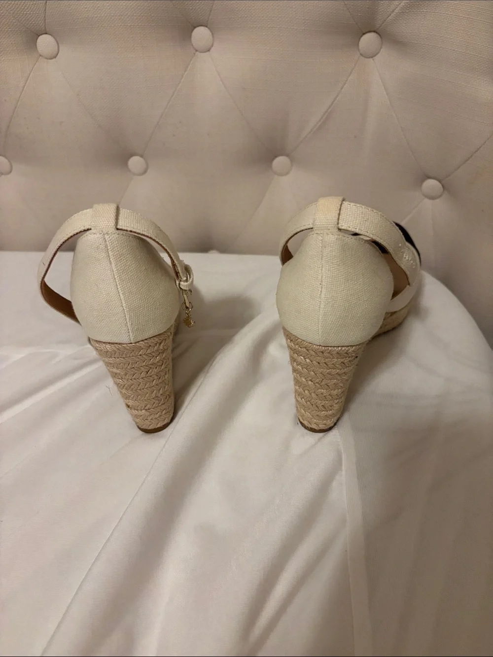 crown & ivy Cream and Black Ankle-Tie Espadrille Wedges